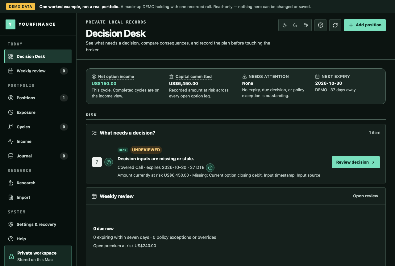 The Decision Desk for the DEMO holding: net option income 150.00 this cycle, capital committed 6,450.00, and one covered call waiting for review, demo data